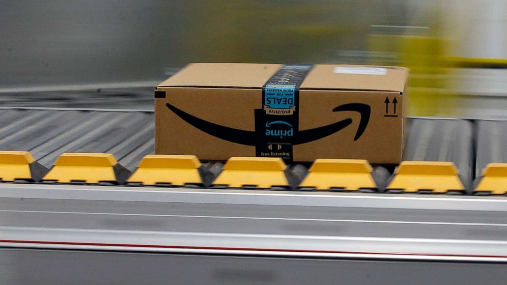 PHOTO: A box for an Amazon prime customer moves through the new Amazon Fulfillment Center in Sacramento, Calif., Feb. 9, 2018.