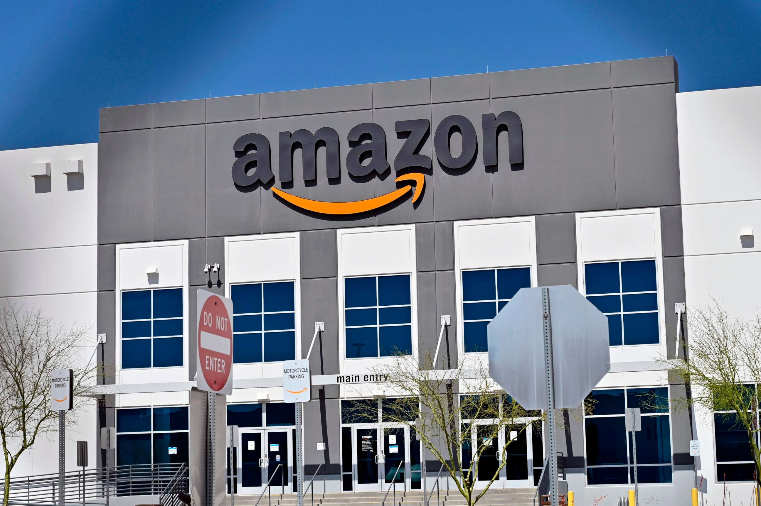 PHOTO: The main entrance to one of Amazon distribution centers is pictured on a sunny day in Las Vegas, April 25, 2020.