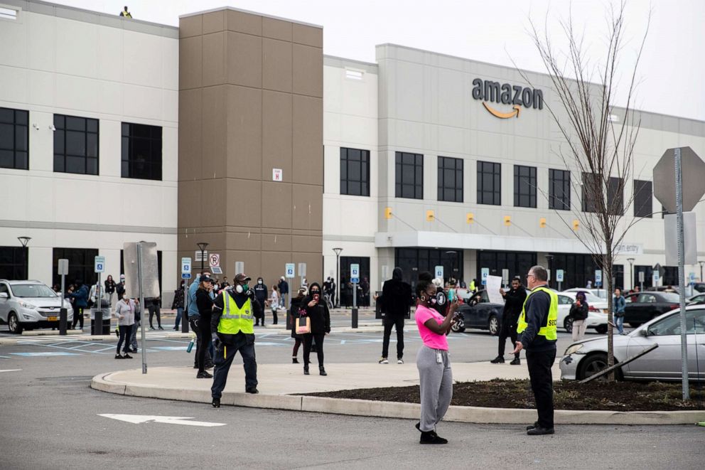 PHOTO: Protesters are seen at an Amazon distribution center during the outbreak of the coronavirus disease, in the Staten Island borough of New York, March 30, 2020.