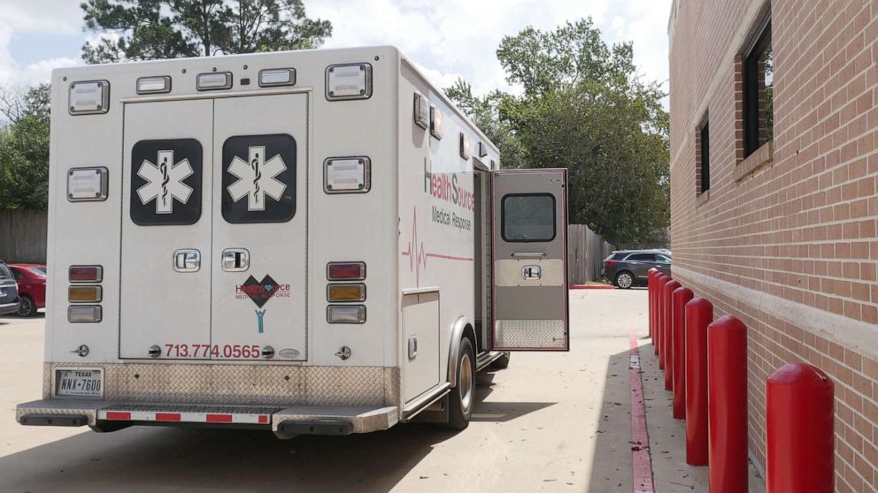 PHOTO: An ambulance is parked outside the Bellville Medical Center after dropping off a patient in Bellville, Texas, on Sept. 1, 2021.