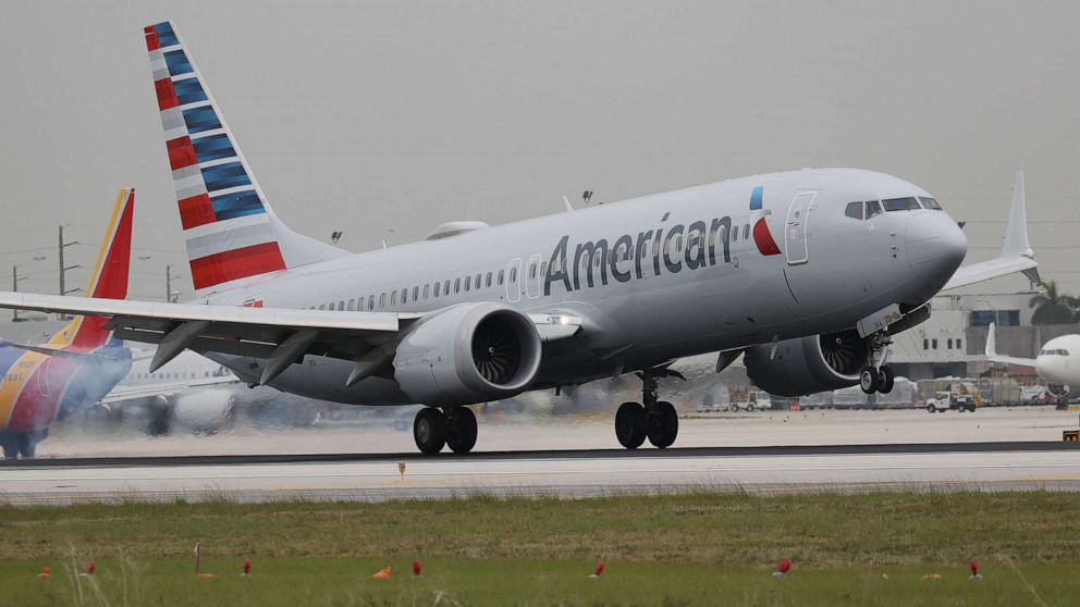 PHOTO: An American Airlines plane lands at the Miami International Airport on June 16, 2021, in Miami, Fla.