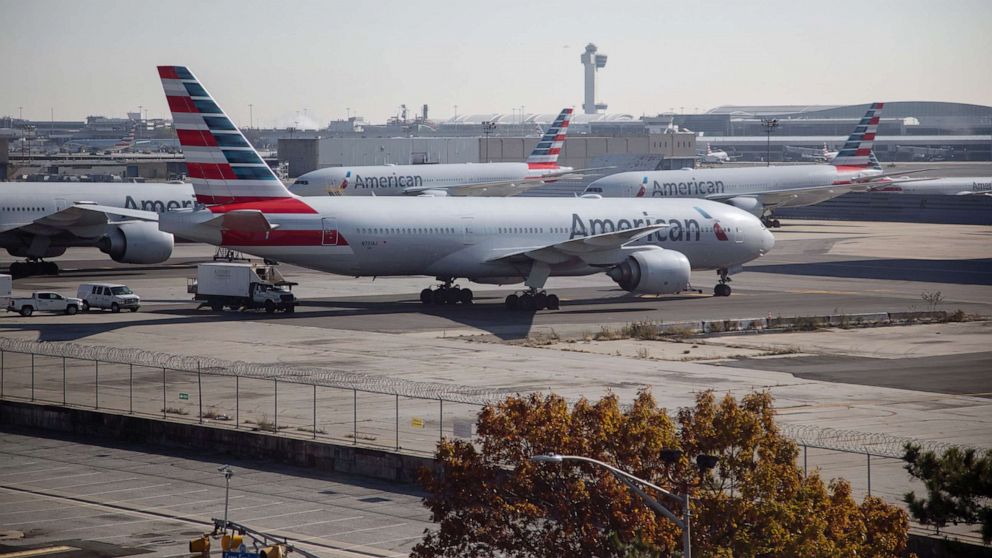 PHOTO: American Airlines airplanes parked at John F. Kennedy International Airport (JFK) in New York on Nov. 23, 2022.