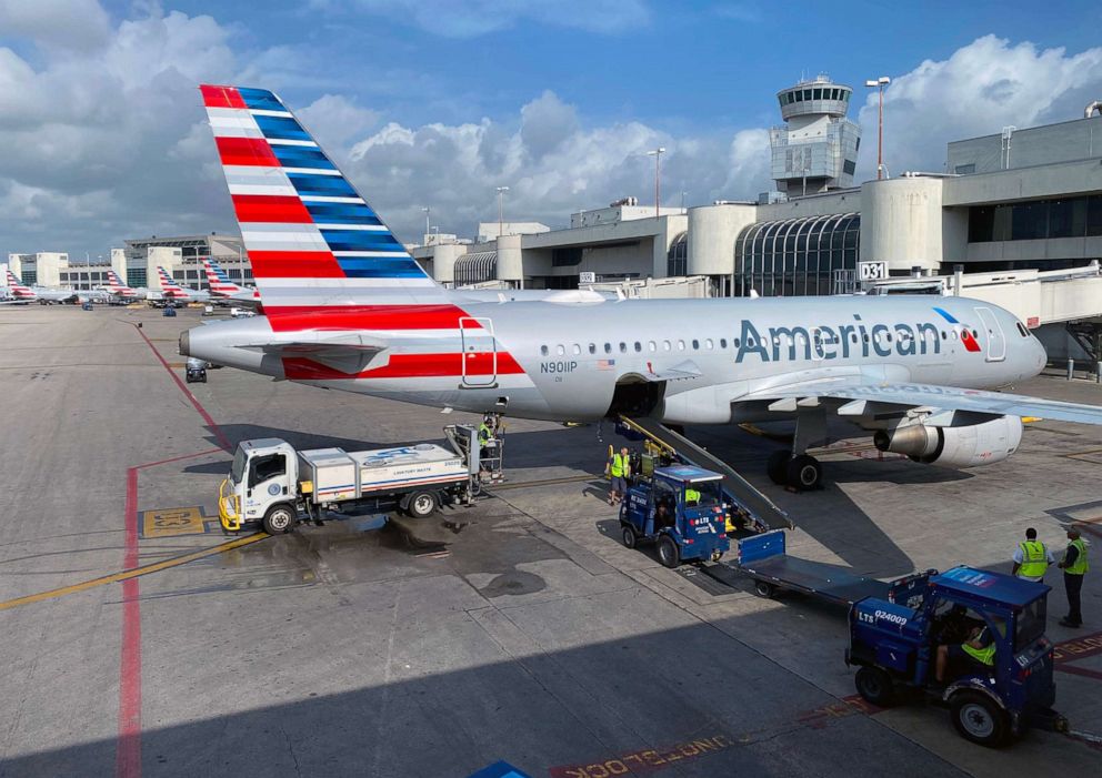 PHOTO: In this file photo taken on March 3, 2020, American Airlines planes are seen at Miami International Airport (MIA) in Miami, Florida, on March 3, 2020.