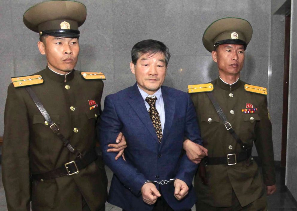 PHOTO: Kim Dong-chul, center, a U.S. citizen detained in North Korea, is escorted to his trial in Pyongyang, North Korea, April 29, 2016.