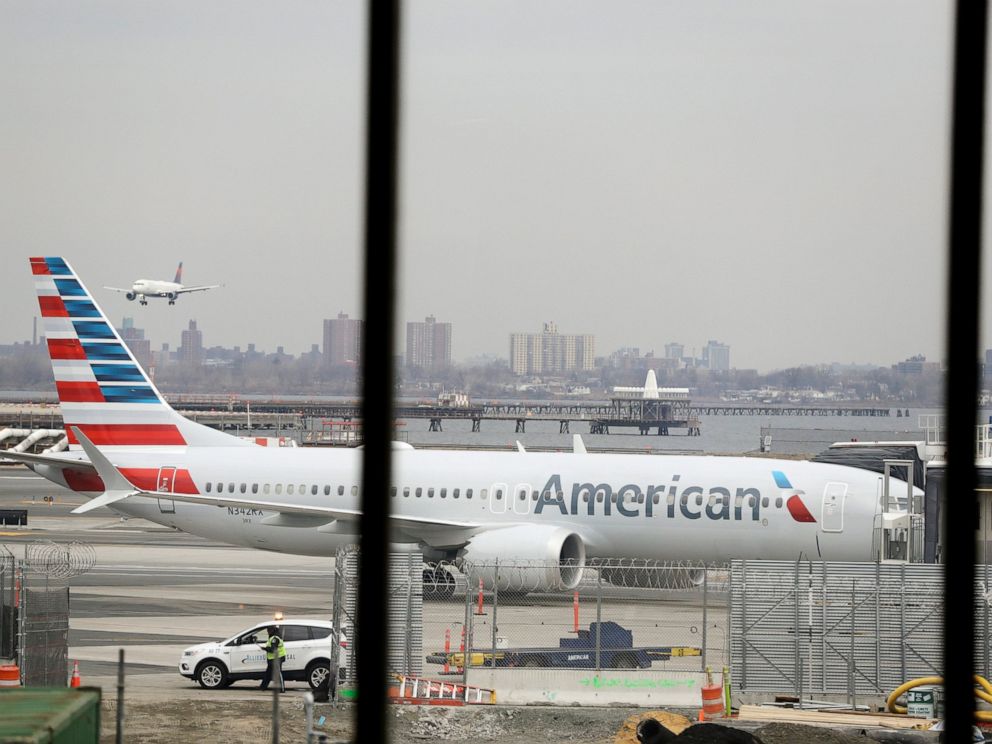 PHOTO: In a March 13, 2019 file photo, an American Airlines Boeing 737 MAX 8 sits at a boarding gate at LaGuardia Airport in New York.