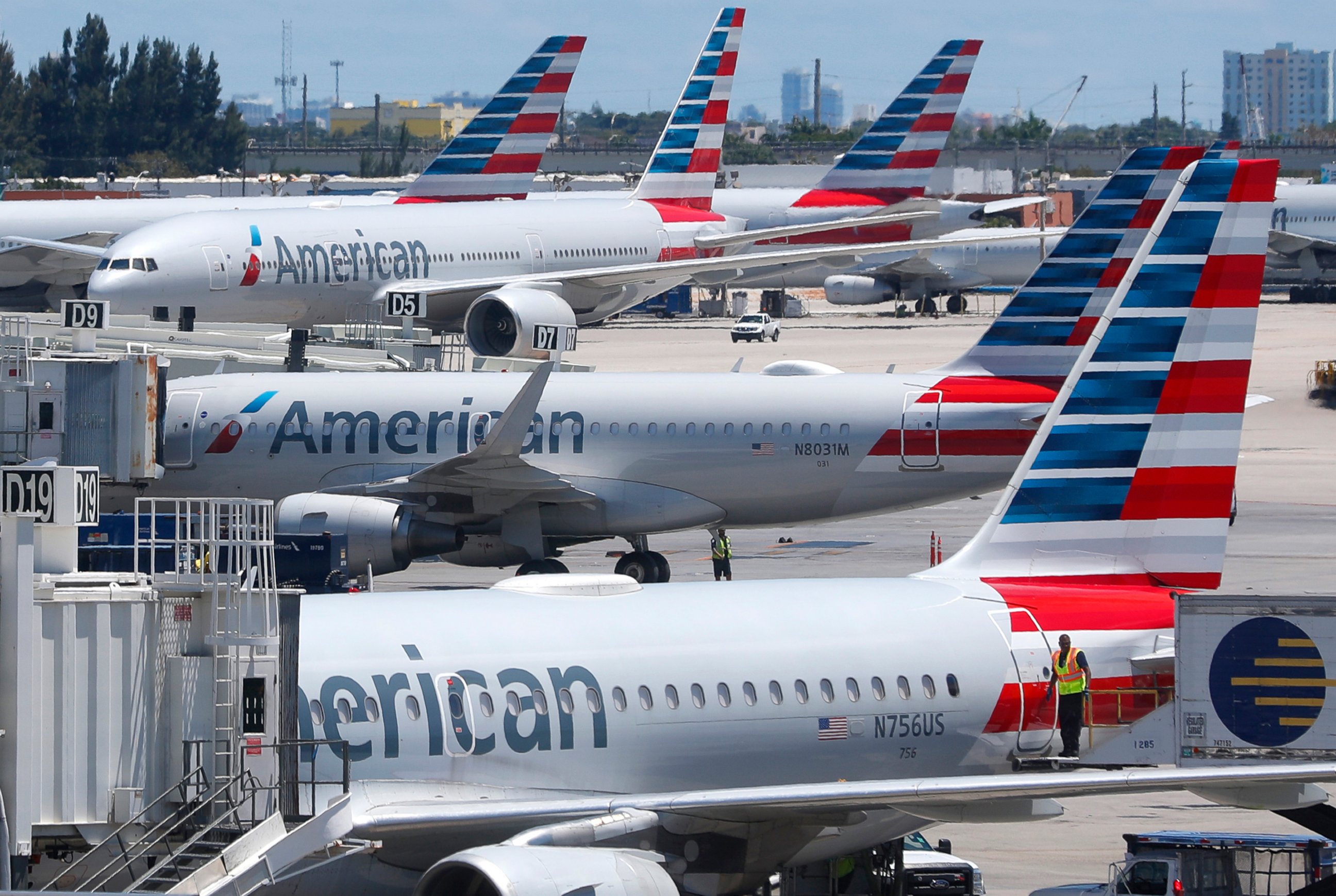 PHOTO: In this April 24, 2019, photo, American Airlines aircraft are shown parked at their gates at Miami International Airport in Miami.