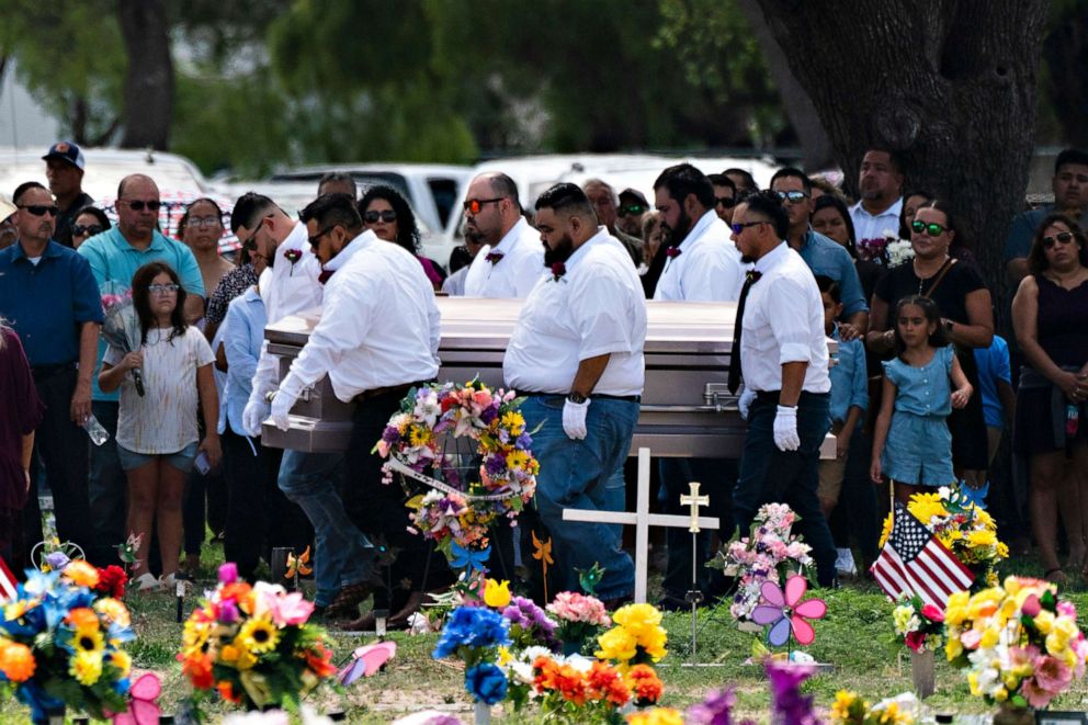 PHOTO: Pallbearers carry the casket of Amerie Jo Garza to her burial site in Uvalde, Texas, Tuesday, May 31, 2022. Garza was one of the students killed in last week's shooting at Robb Elementary School.