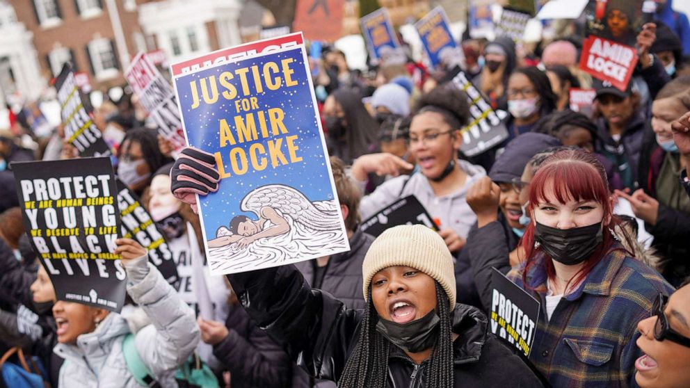 PHOTO: Students participate in at a state-wide walkout demanding justice for Amir Locke who was shot and killed by Minneapolis police in Minneapolis, in St. Paul, Minn., Feb. 8, 2022.