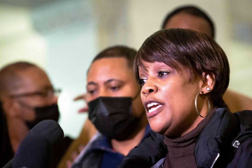 PHOTO: Amir Locke's mother Karen Wells speaks flanked by his father Andre Locke, during a press conference at City Hall in Minneapolis, on Feb. 4, 2022.