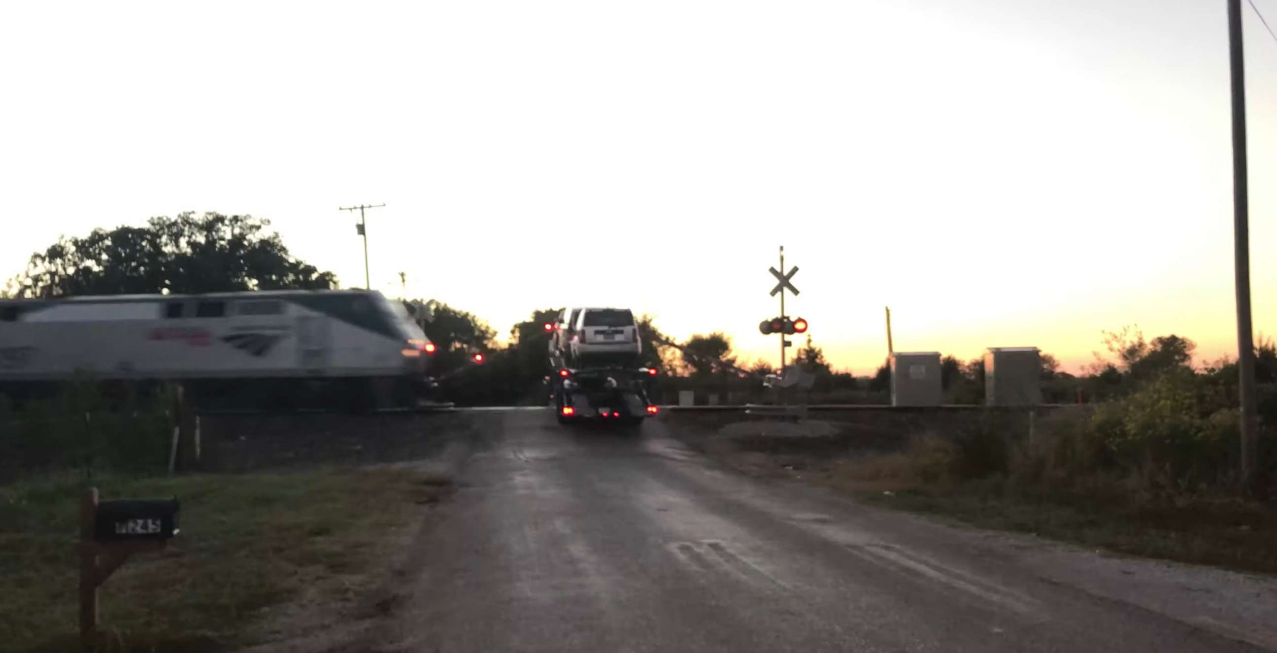 PHOTO: A still from a bystander's video taken right before an Amtrak train collided with a car hauler semi-truck in Thackerville, Oklahoma, on Oct. 15, 2021.