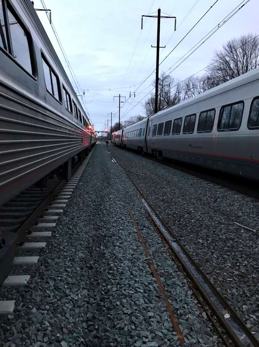 PHOTO: Passenger Andrew Exum took a photo of the Amtrak Acela Express train No. 2150, right, after a mechanical incident caused two cars to separate en route to Boston from Washington, D.C., Feb. 6, 2018. 