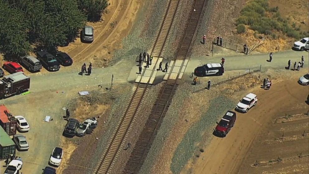 PHOTO: This screen grab from a video shows the scene of a Amtrak train and car collision, in Brentwood, Calif., June 26, 2022.
