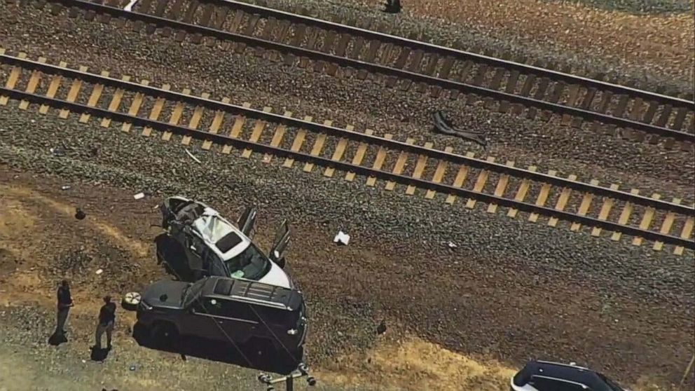 PHOTO: This screen grab from a video shows the scene of a Amtrak train and car collision, in Brentwood, Calif., June 26, 2022.