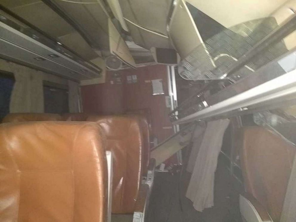 PHOTO: This image shows the interior of the Amtrak train after it derailed going over a bridge near Dupont, Washington, Dec. 18, 2017.