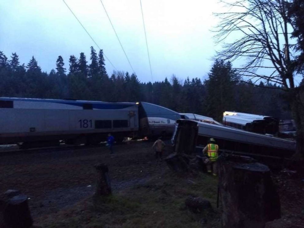 PHOTO: This image shows the exterior of the Amtrak train after it derailed going over a bridge near Dupont, Washington, Dec. 18, 2017.