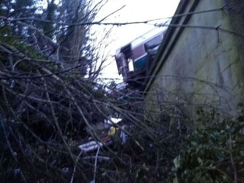 PHOTO: This image shows the exterior of the Amtrak train after it derailed going over a bridge near Dupont, Washington, Dec. 18, 2017.