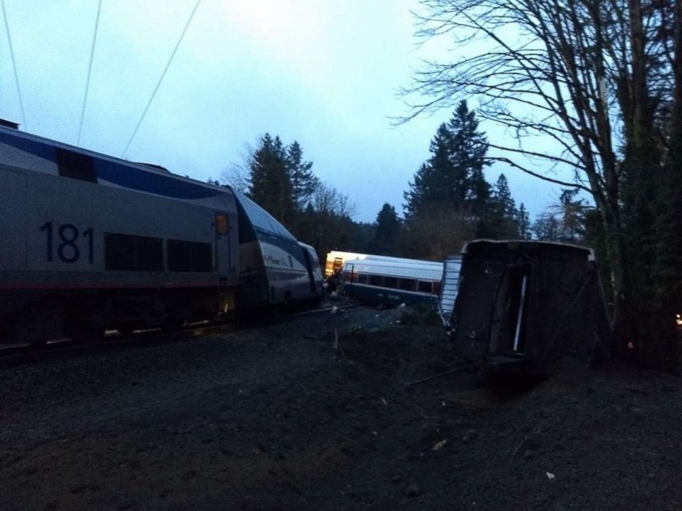 PHOTO: This image shows the exterior of the Amtrak train after it derailed going over a bridge near Dupont, Washington, Dec. 18, 2017.