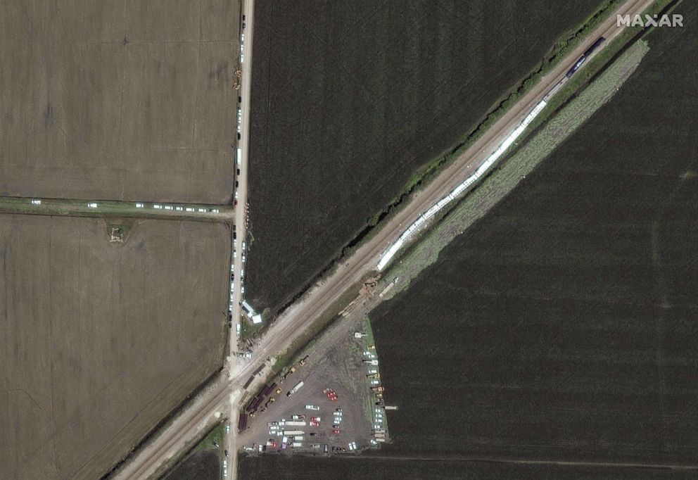 PHOTO: A satellite image made on June 28, 2022, of an Amtrak train that derailed near Mendon, Mo., after colliding with a truck the previous day.