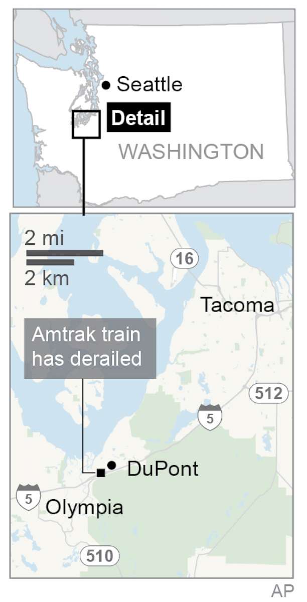 PHOTO: A map released by the Associated Press shows the location of the Amtrak Cascades 501 train derailment south of Tacoma, Washington, Dec. 18, 2017.