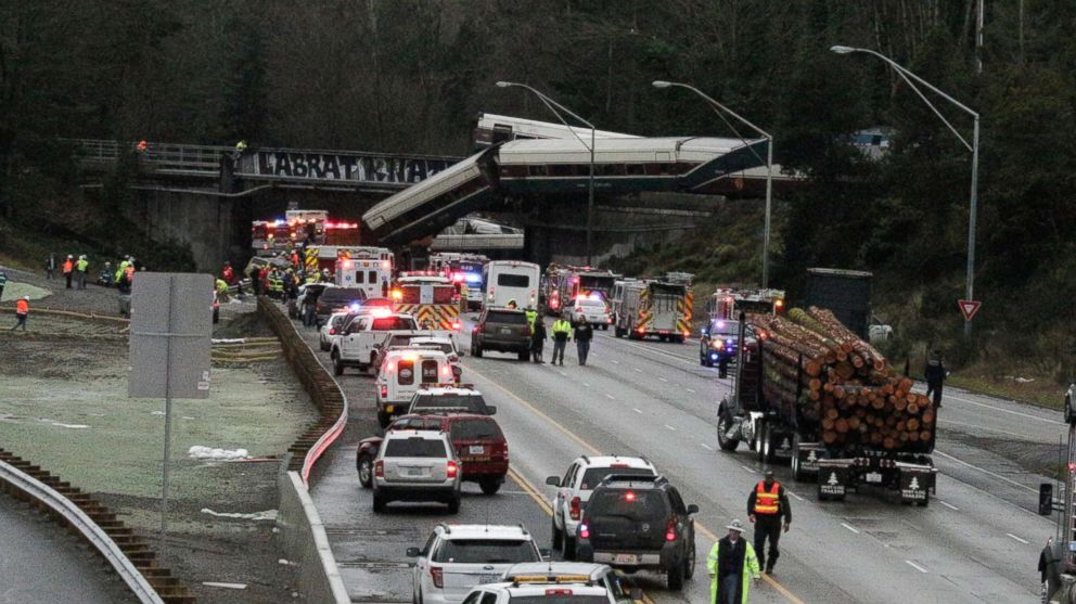 PHOTO: A derailed train is seen on southbound Interstate 5 on Dec. 18, 2017, in DuPont, Wash.