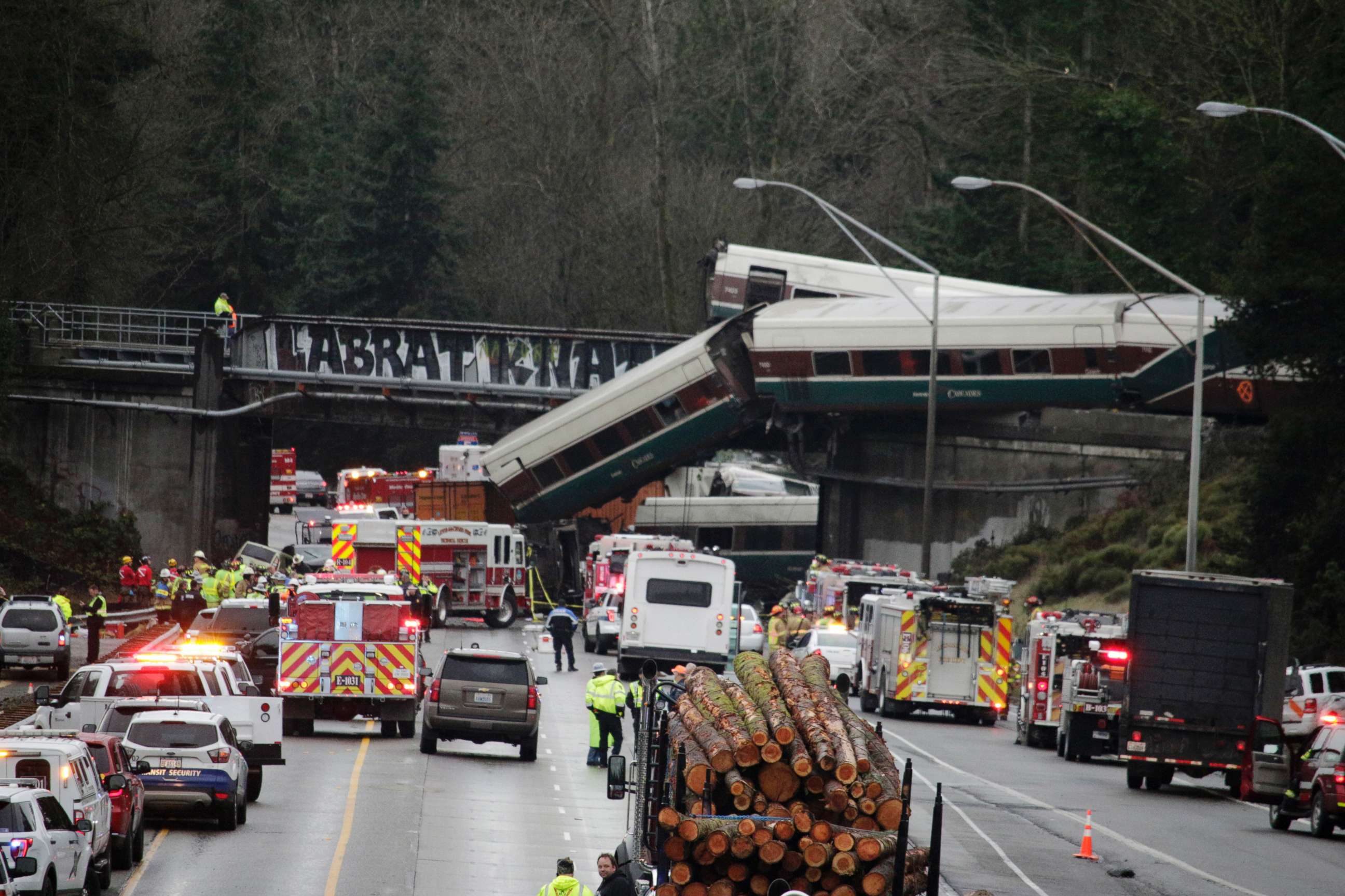 PHOTO: A derailed train is seen on southbound Interstate 5 on Dec. 18, 2017, in DuPont, Wash.