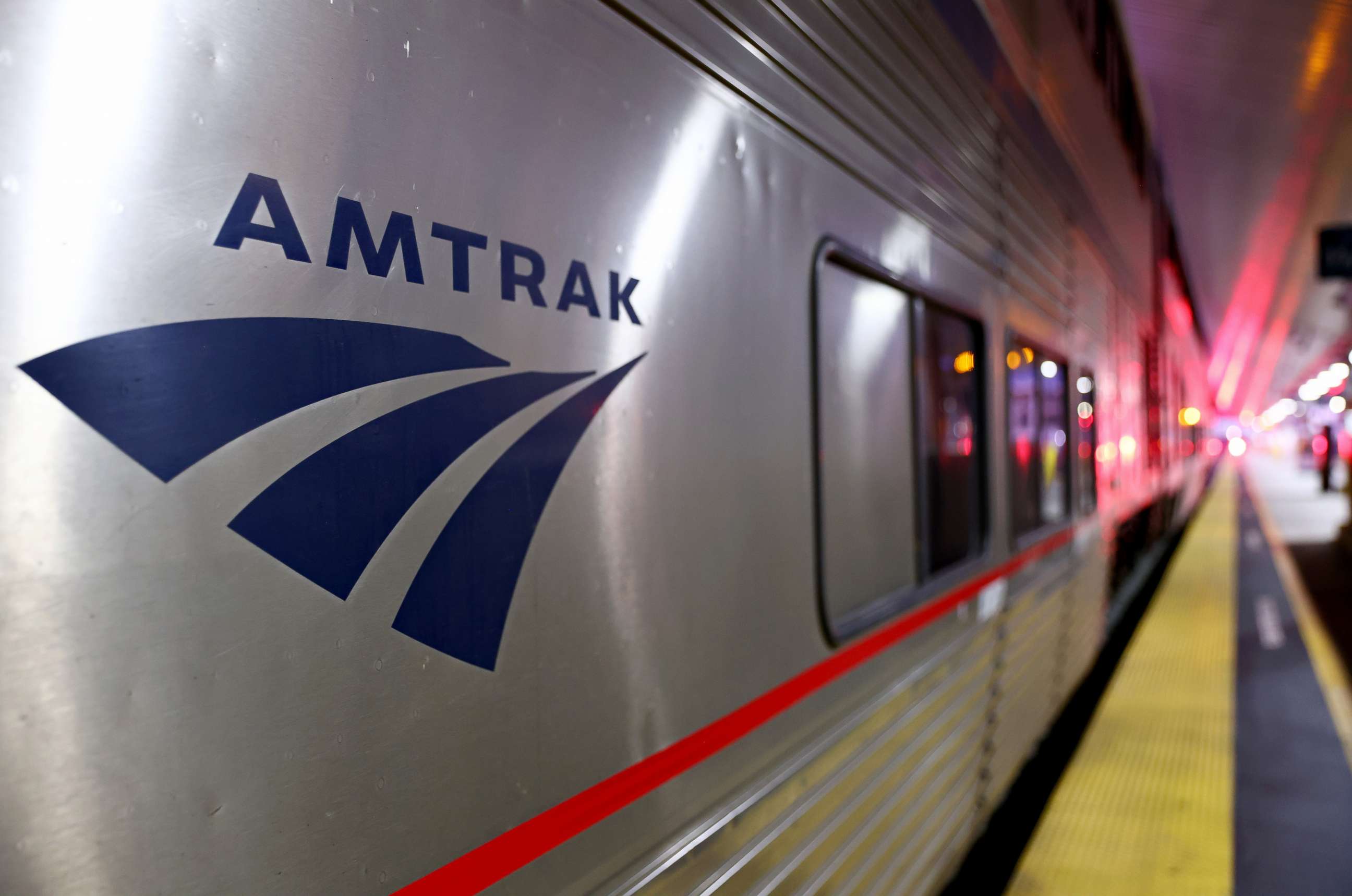 PHOTO: An Amtrak train sits at a station stop in Union Station, Dec. 9, 2021, in Los Angeles.