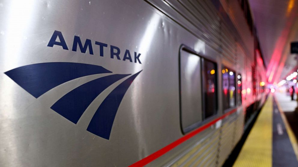PHOTO: An Amtrak train sits at a station stop in Union Station, Dec. 9, 2021, in Los Angeles.