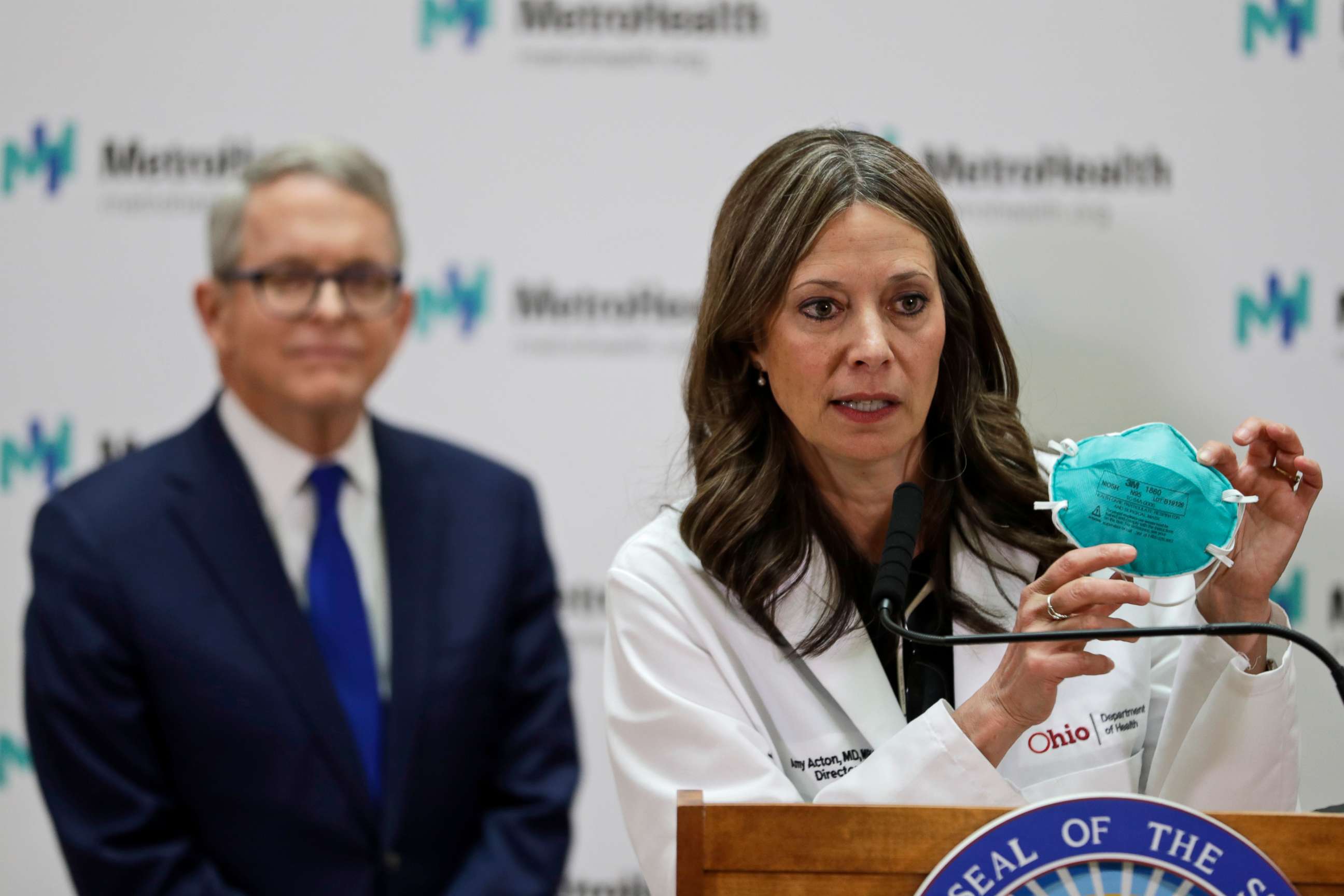 PHOTO: Ohio Department of Health Director Amy Acton speaks during a news conference at the MetroHealth Medical Center in Cleveland while Ohio Gov. Mike DeWine watches, Feb. 27, 2020.