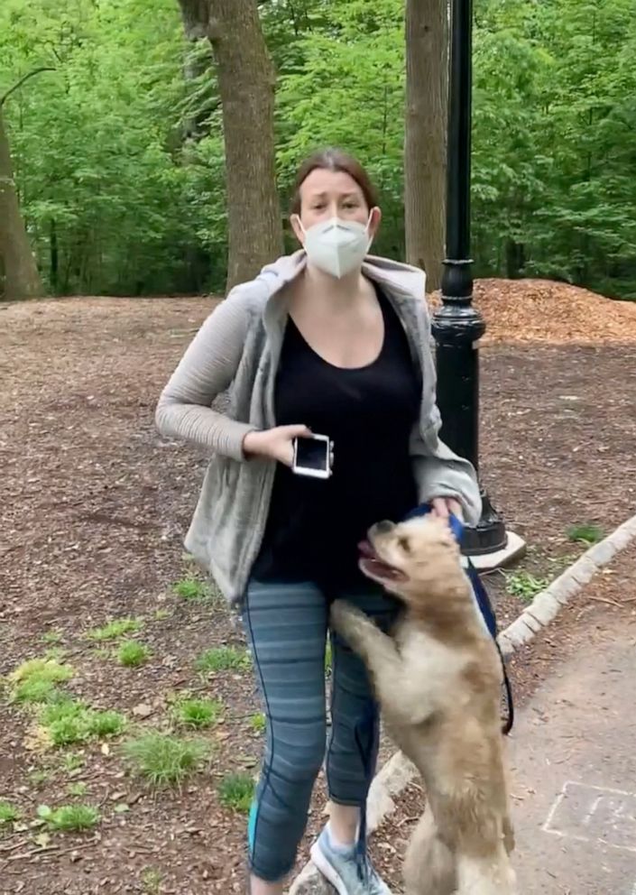 PHOTO: This image made from a May 25, 2020, video provided by Christian Cooper shows Amy Cooper with her dog talking to Christian Cooper at Central Park in New York.