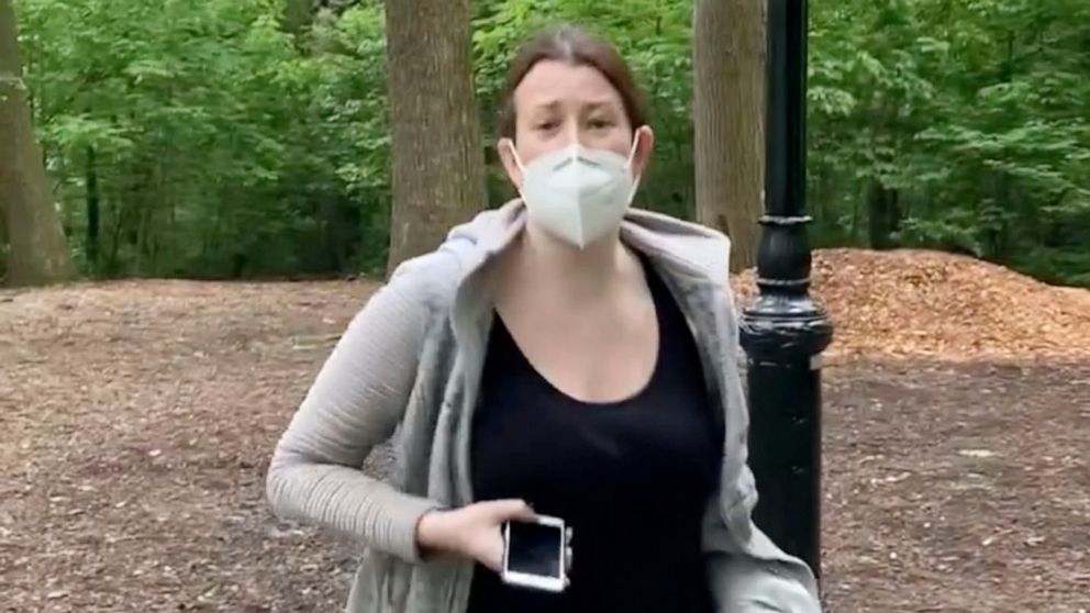 PHOTO: This image made from a May 25, 2020, video provided by Christian Cooper shows Amy Cooper with her dog talking to Christian Cooper at Central Park in New York.