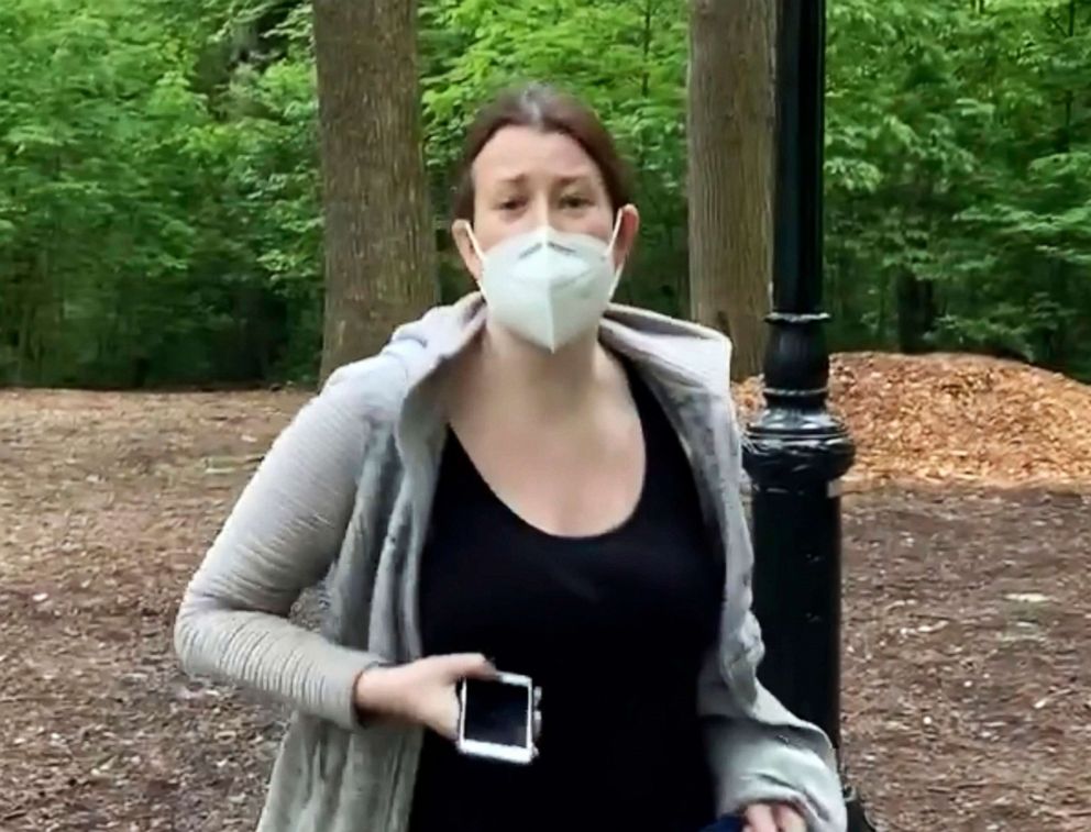 PHOTO: This file image made from May 25, 2020, video provided by Christian Cooper, shows Amy Cooper with her dog talking to Christian Cooper in Central Park in New York.