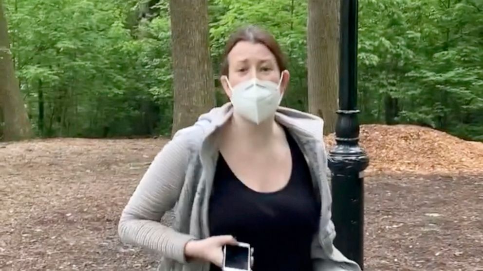 PHOTO: In this May 25, 2020 file photo, made from video provided by Christian Cooper, Amy Cooper talks with Christian Cooper in Central Park in New York.