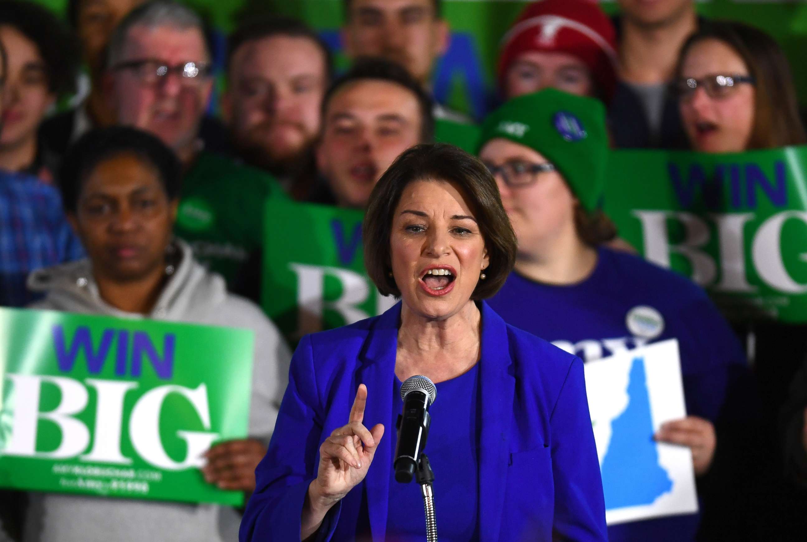 PHOTO: Democratic presidential candidate Senator Amy Klobuchar speaks to supporters at her New Hampshire primary night rally in Concord, N.H., Feb. 11, 2020.
