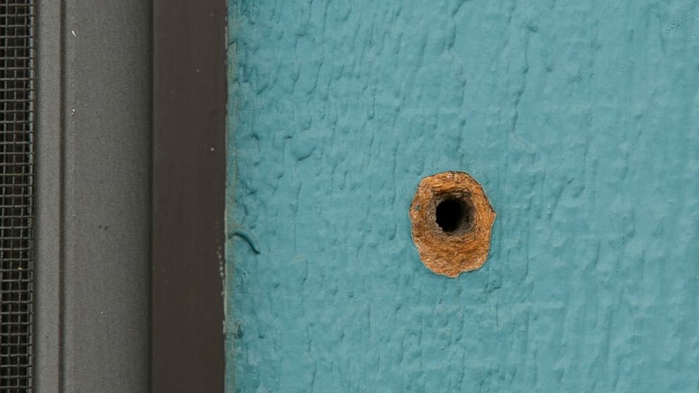 PHOTO: One of the bullet holes is seen in an exterior wall at the Rancho Tehama Elementary School, Nov. 15, 2017, from a shooting rampage at Rancho Tehama Reserve, Calif.