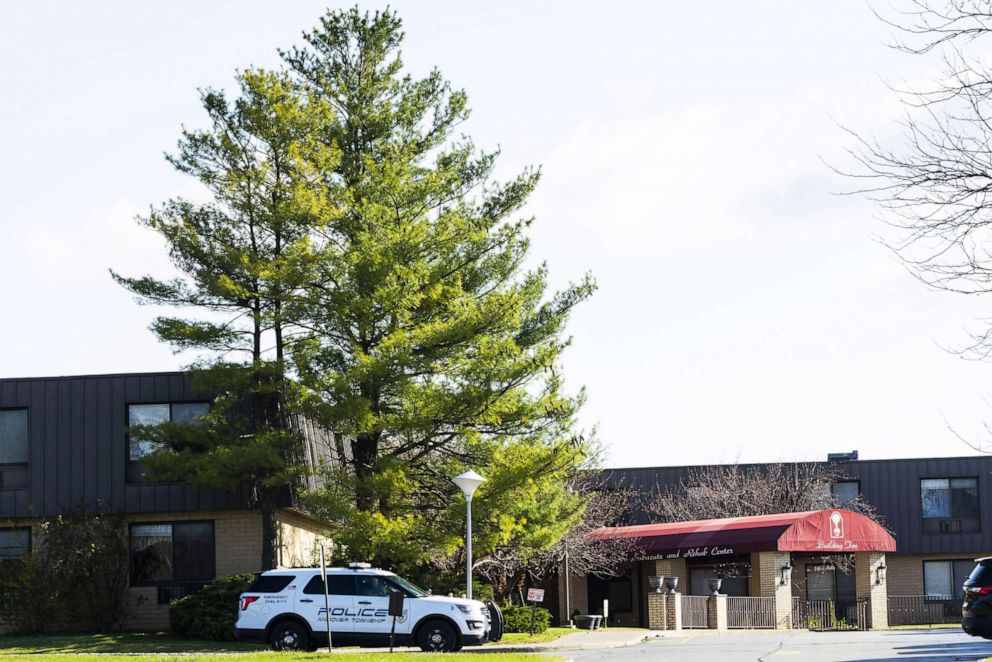 PHOTO: A New Jersey Police vehicle parks at the entrance of Andover Subacute and Rehabilitation Center, April 16, 2020, in Andover, New Jersey. 