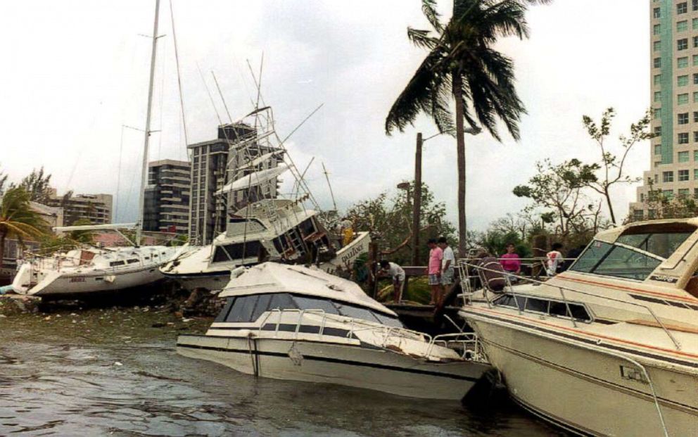 PHOTO: Wrecked boats sit at the docks at Dinner Key in the Coconut Grove area of Miami after Hurricane Andrew passed through the area, Aug. 24, 1992.