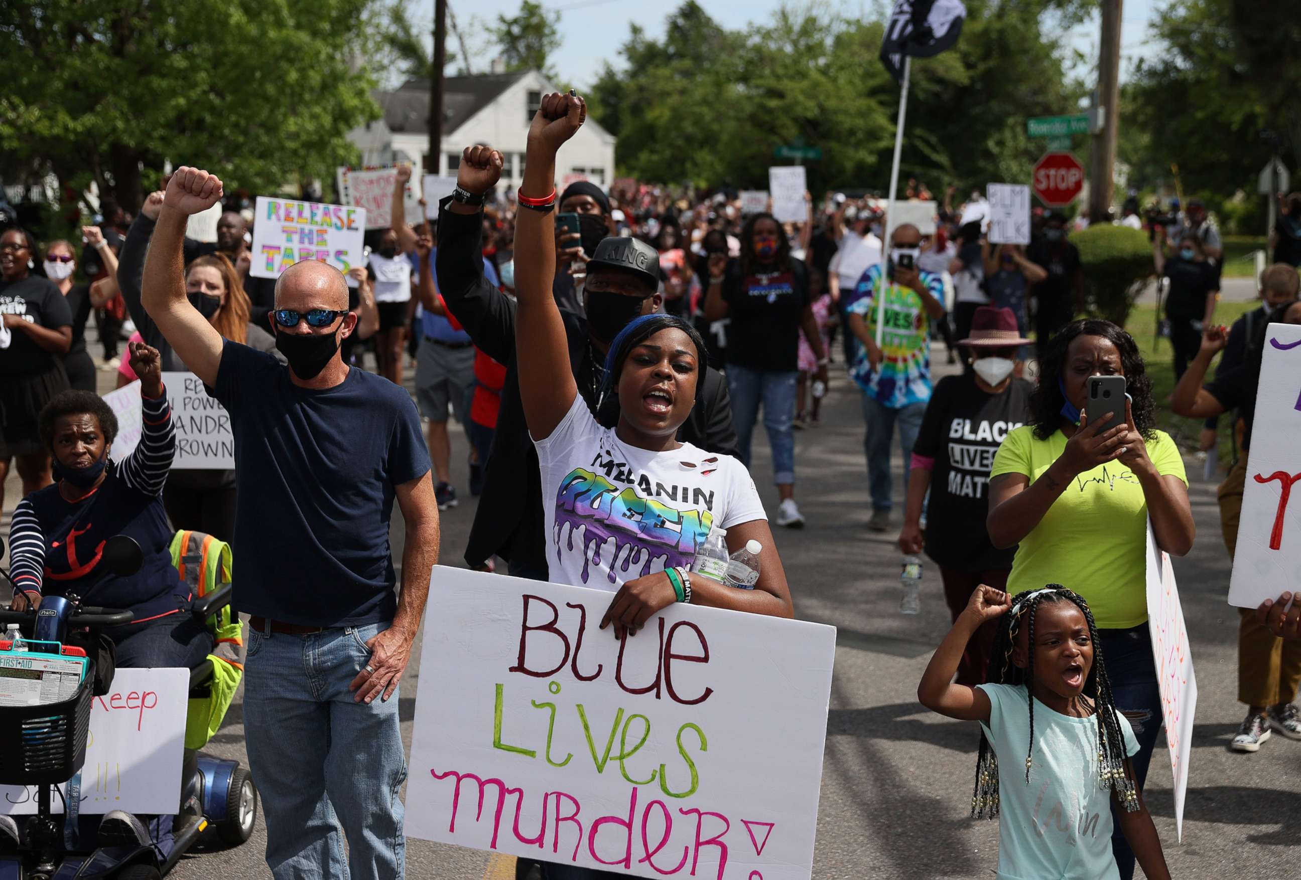 PHOTO: Protesters calling for justice in the shooting death of Andrew Brown Jr. by Pasquotank County Sheriff's deputies march through Elizabeth City, North Carolina, May 2, 2021.