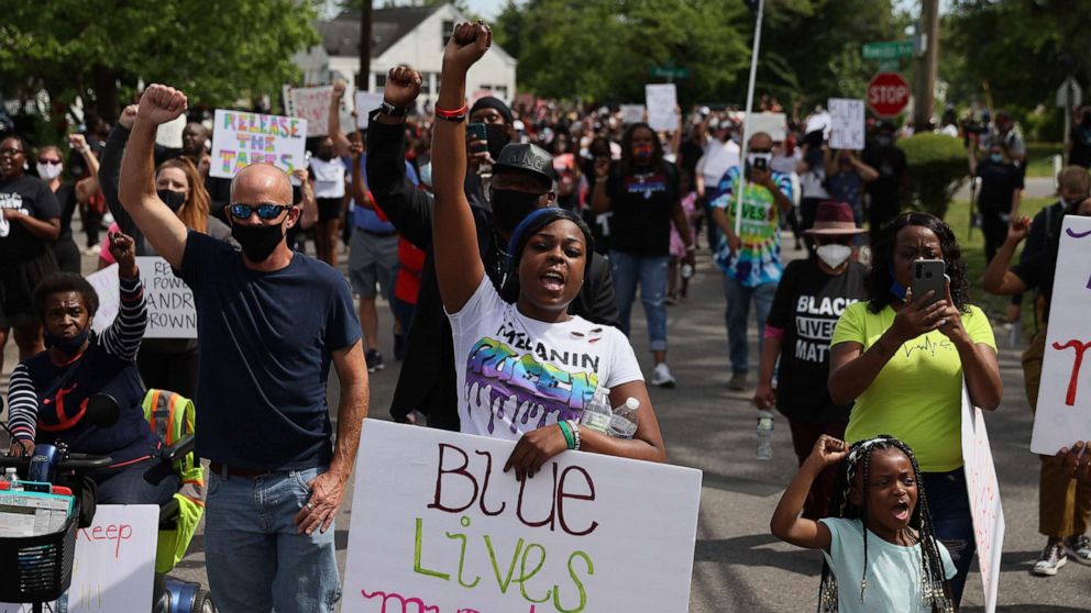 PHOTO: Protesters calling for justice in the shooting death of Andrew Brown Jr. by Pasquotank County Sheriff's deputies march through Elizabeth City, North Carolina, May 2, 2021.