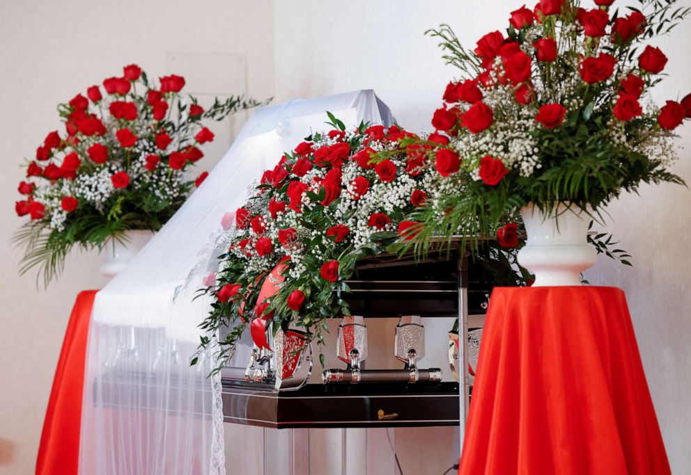 PHOTO: The open casket of Andrew Brown Jr. is adorned with roses during a viewing at a funeral home in Hertford, North Carolina, May 2, 2021.