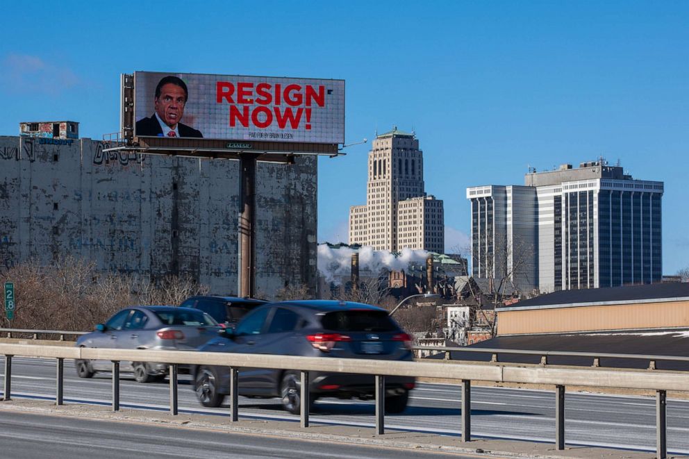 PHOTO: A billboard urging New York Governor Andrew Cuomo to resign is seen near downtown on March 2, 2021, in Albany, N.Y.