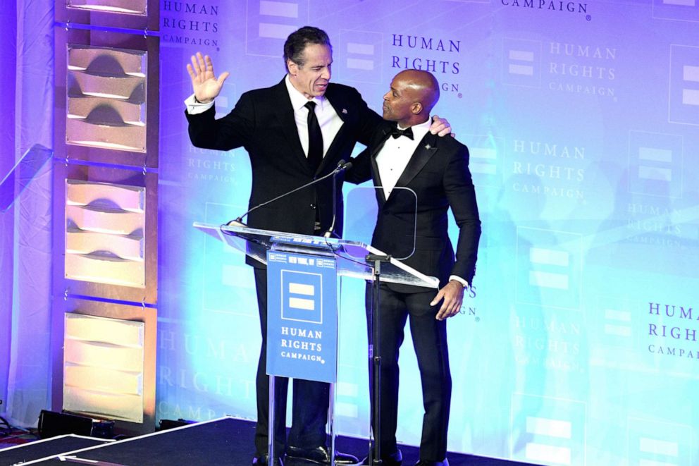 PHOTO: In this Feb. 1, 2020, file photo, HRC President Alphonso David welcomes guest speaker New York State Governor Andrew Cuomo during a Human Rights Campaign gala in New York.