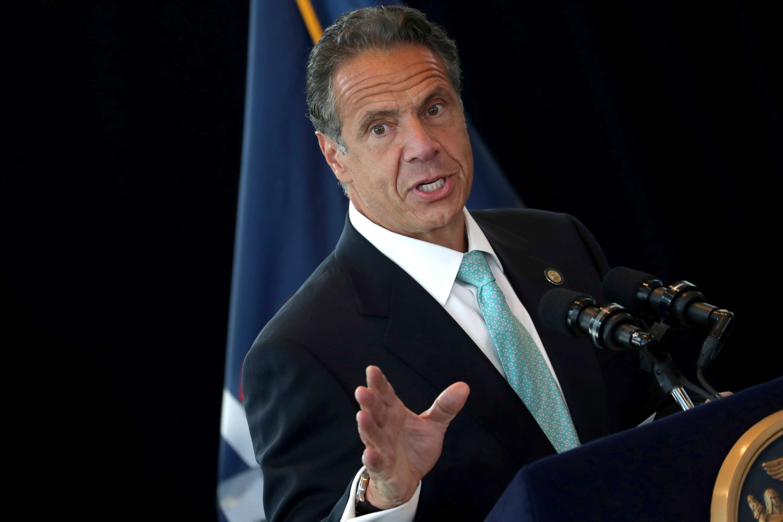 PHOTO: New York Governor Andrew Cuomo speaks from the One World Trade Center Tower while making an announcement in New York City, June 15, 2021.