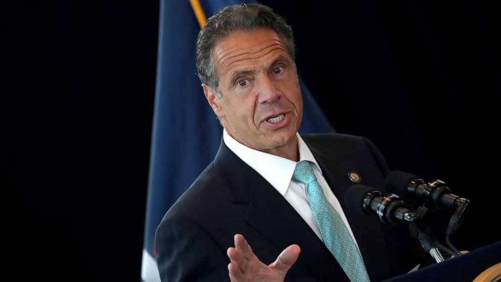 PHOTO: New York Governor Andrew Cuomo speaks from the One World Trade Center Tower while making an announcement in New York City, June 15, 2021.