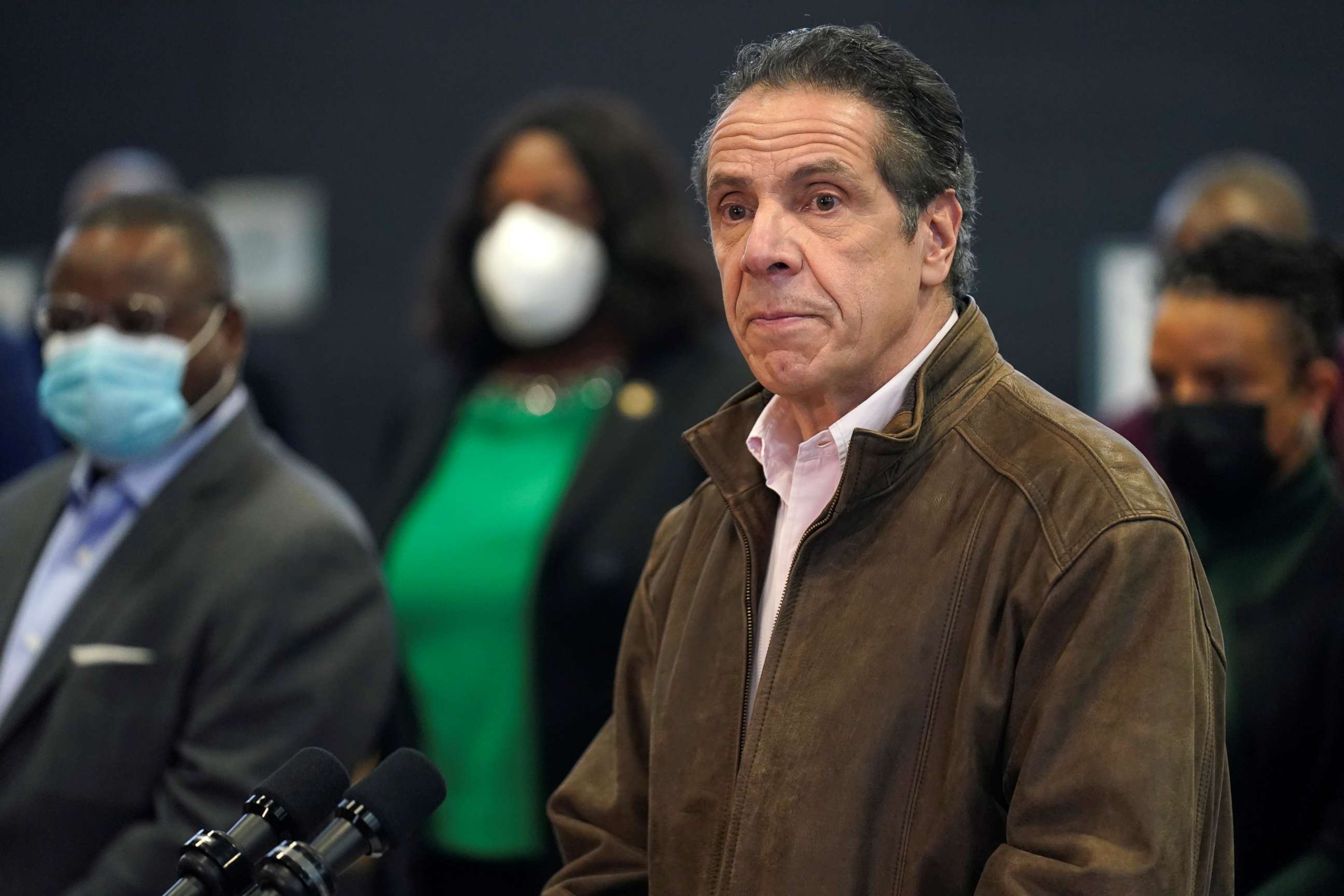 PHOTO: New York Governor Andrew Cuomo speaks during a news conference at a vaccination site in the Brooklyn borough of New York, Feb. 22, 2021.