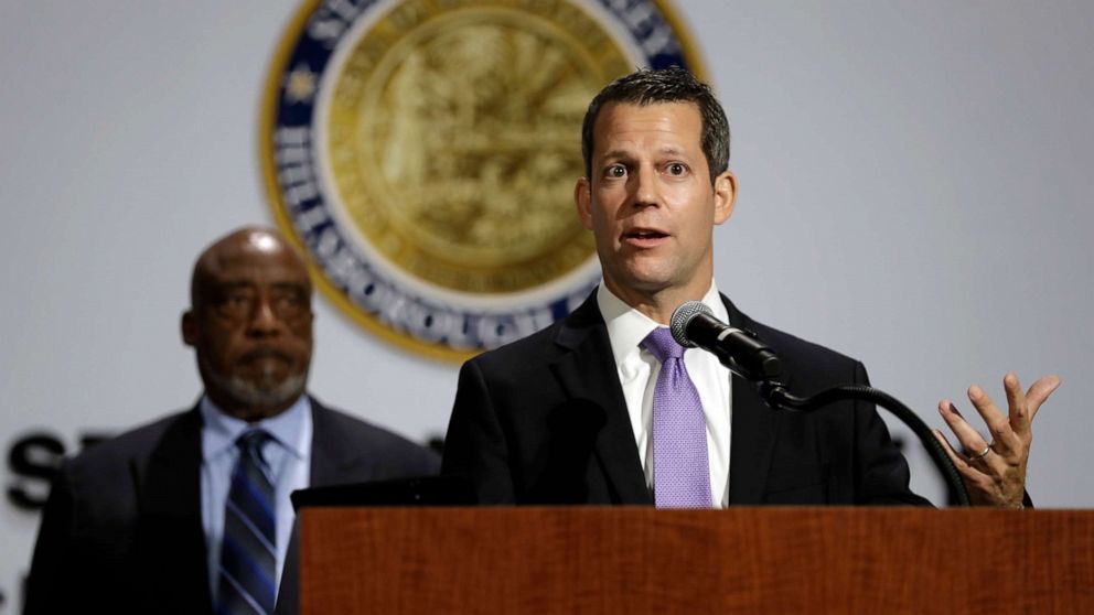 PHOTO: Hillsborough County State Attorney Andrew Warren, right, speaks during a news conference, June 15, 2020, in Tampa, Fla.
