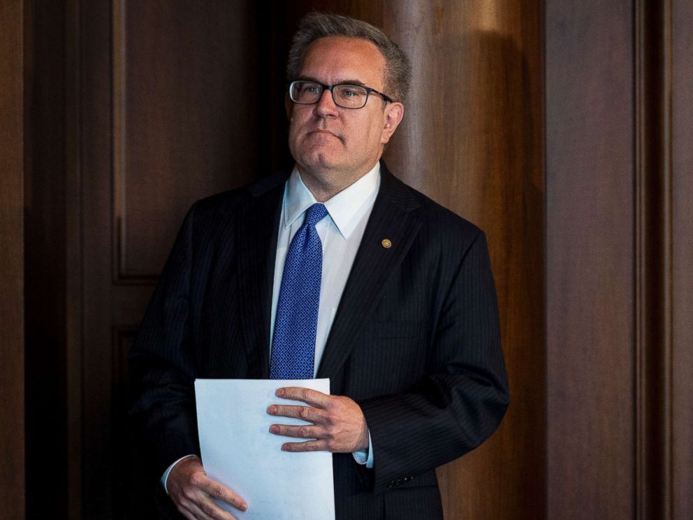 PHOTO: Andrew Wheeler, the Environmental Protection Agencys acting administrator, waits as he is introduced to address staff at the administrations headquarters in Washington, July 11, 2018.