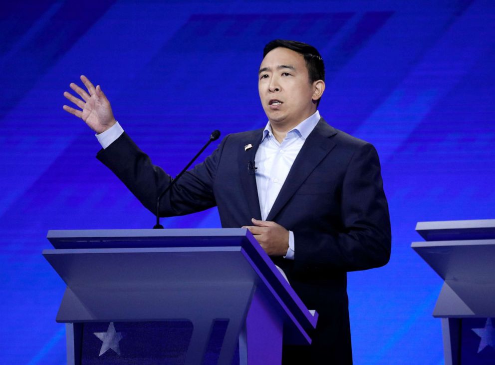 PHOTO: Andrew Yang takes part in a 2020 Presidential Debate hosted by ABC News at the Health & PE center at Texas Southern University, Sept. 12, 2019, in Houston, Texas.