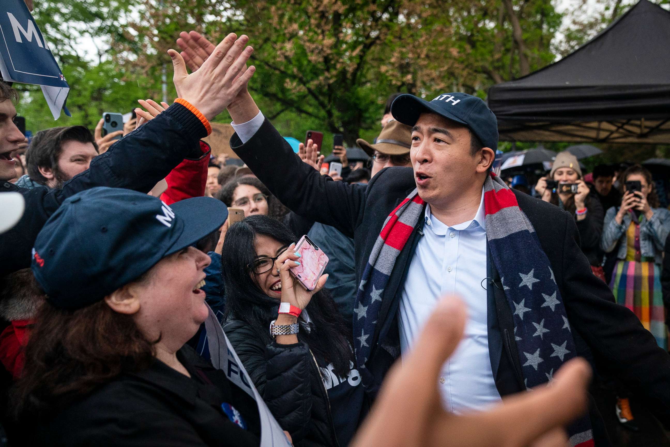 PHOTO: Democratic presidential candidate Andrew Yang greets supporters before taking the stage during a rally in Washington Square Park, May 14, 2019, in New York City.