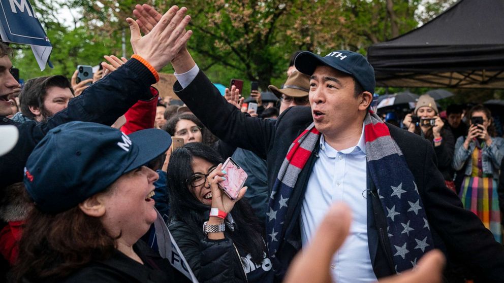 PHOTO: Democratic presidential candidate Andrew Yang greets supporters before taking the stage during a rally in Washington Square Park, May 14, 2019, in New York City.