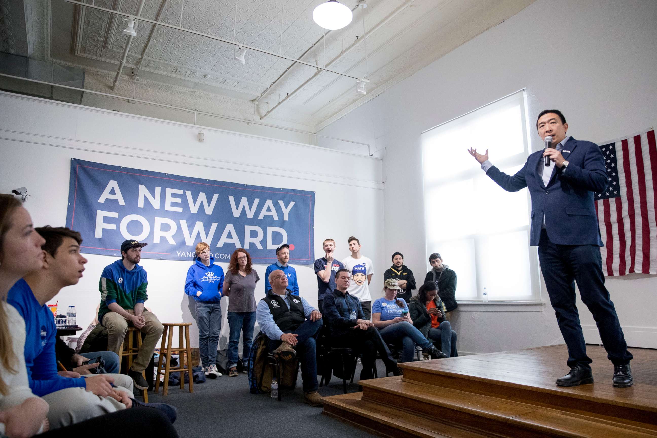 PHOTO: Democratic presidential candidate Andrew Yang speaks during a power point presentation at a campaign stop at the Octagon Center For the Arts, Jan. 14, 2020, in Aimes, Iowa. 
